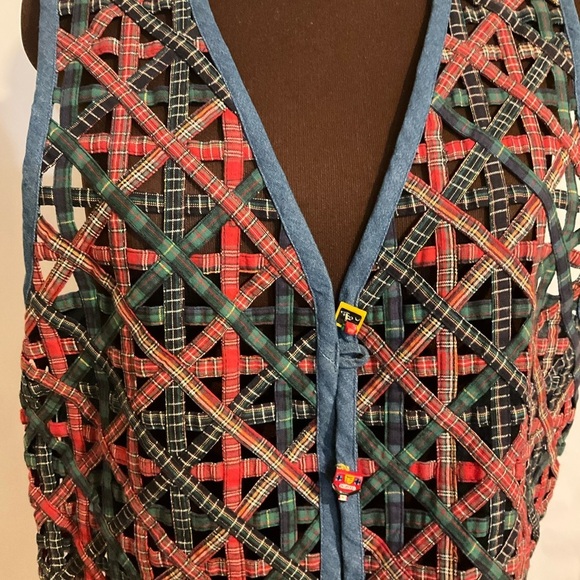 Casey & Max Vintage Vest Denim & Plaid Christmas School Large Blue Red Green - Picture 2 of 11